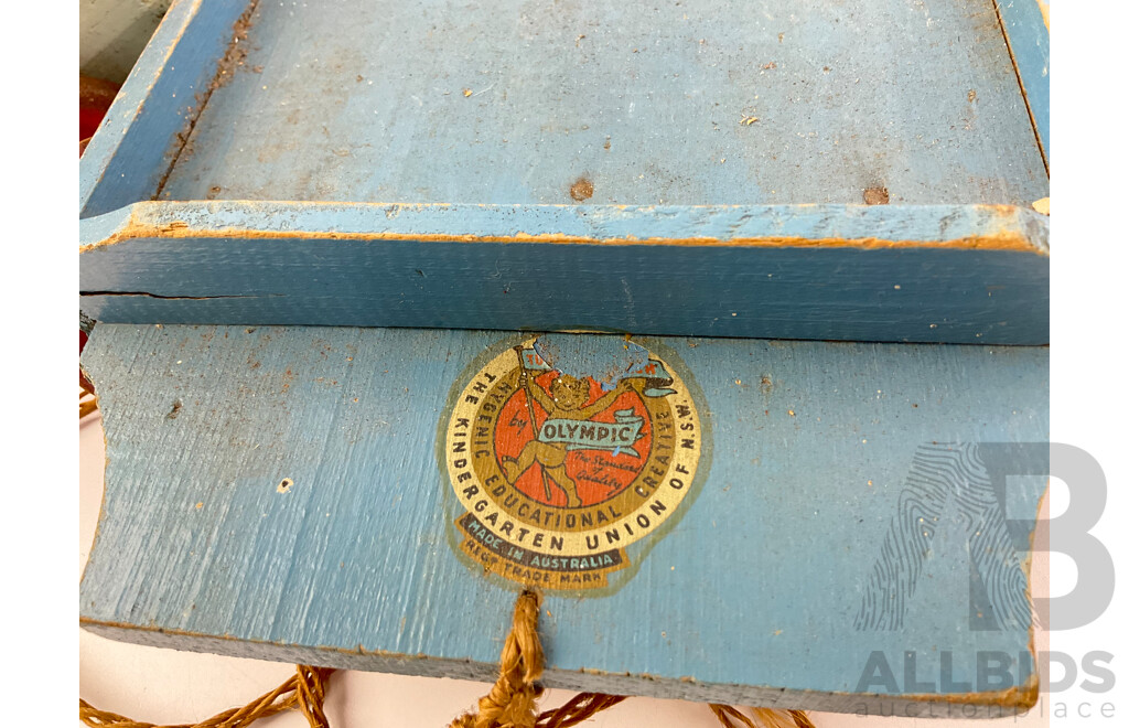 Vintage Pressed Steel Toy Cash Register, Olympic Kindergarten Union of NSW Pull Along Cart and Timber Trailer, Made in Australia