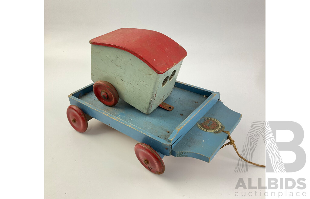 Vintage Pressed Steel Toy Cash Register, Olympic Kindergarten Union of NSW Pull Along Cart and Timber Trailer, Made in Australia