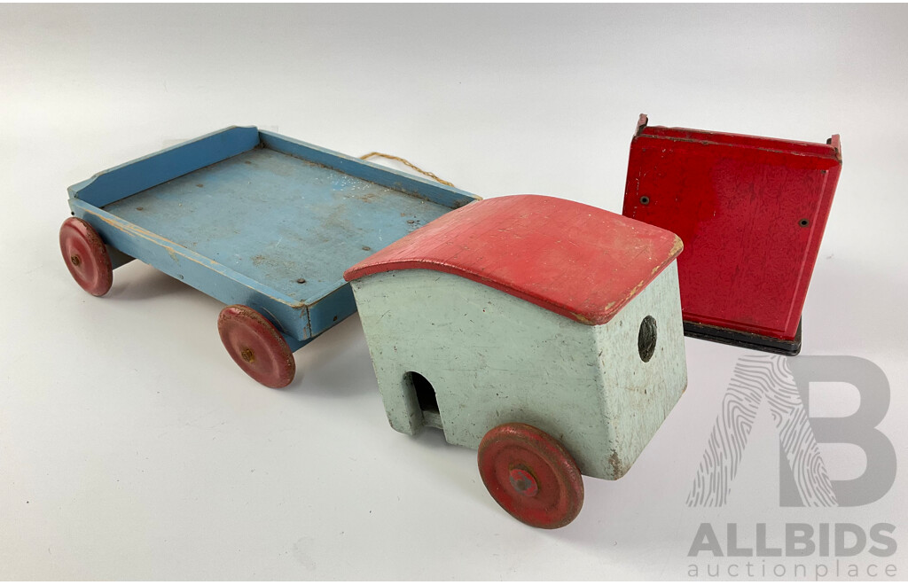 Vintage Pressed Steel Toy Cash Register, Olympic Kindergarten Union of NSW Pull Along Cart and Timber Trailer, Made in Australia