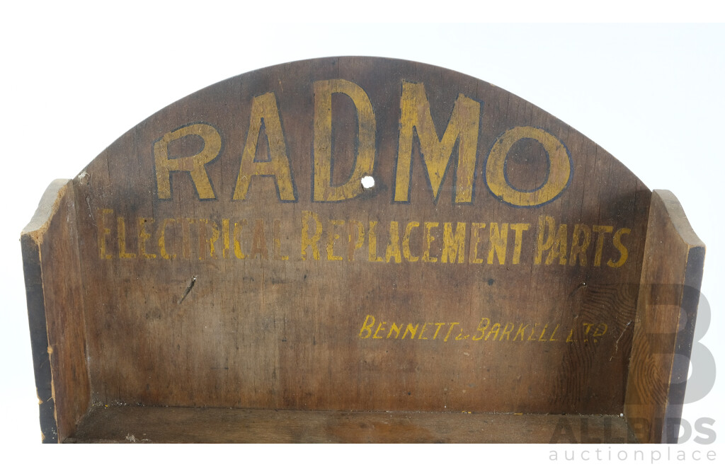 Vintage RADMO Electrical Replacement Parts Retail Timber Display Shelves, Bennett & Barkell Ltd