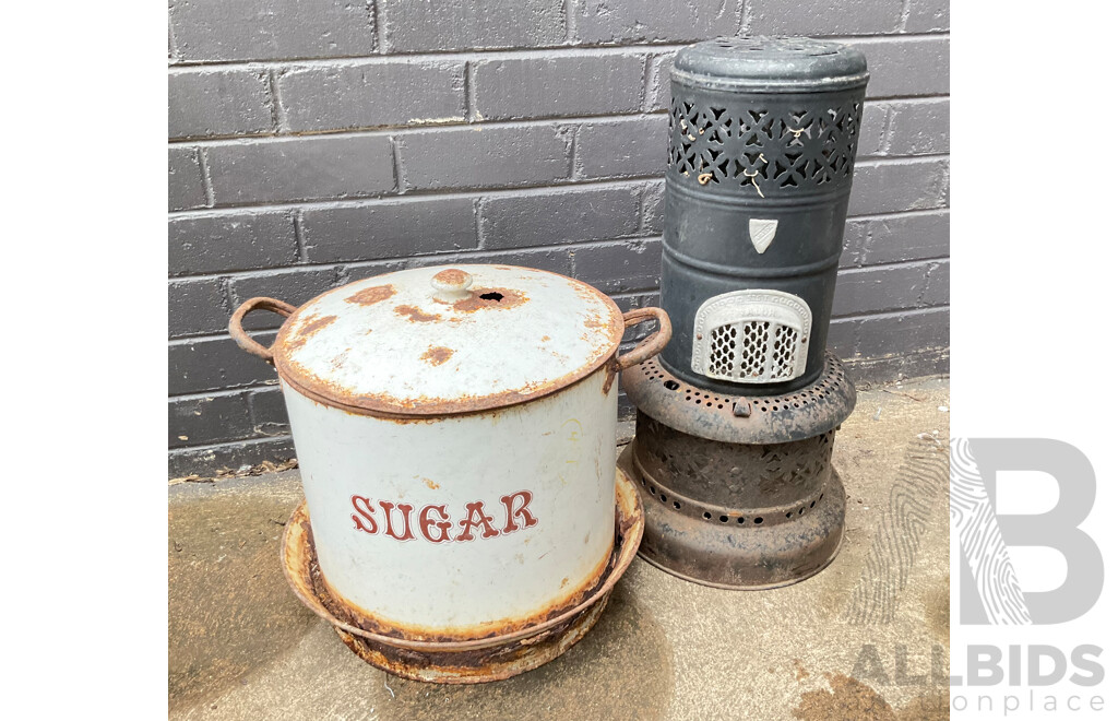 Vintage Valour Kerosene Heater and Large Steel Sugar Container