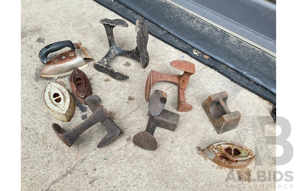 Collection of Antique Shoe Cobbler Anvils, Iron Sads and Hanging Scale Weight