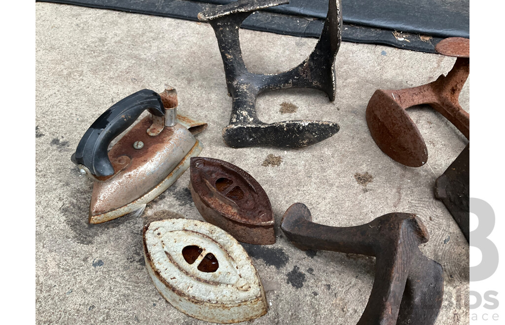 Collection of Antique Shoe Cobbler Anvils, Iron Sads and Hanging Scale Weight