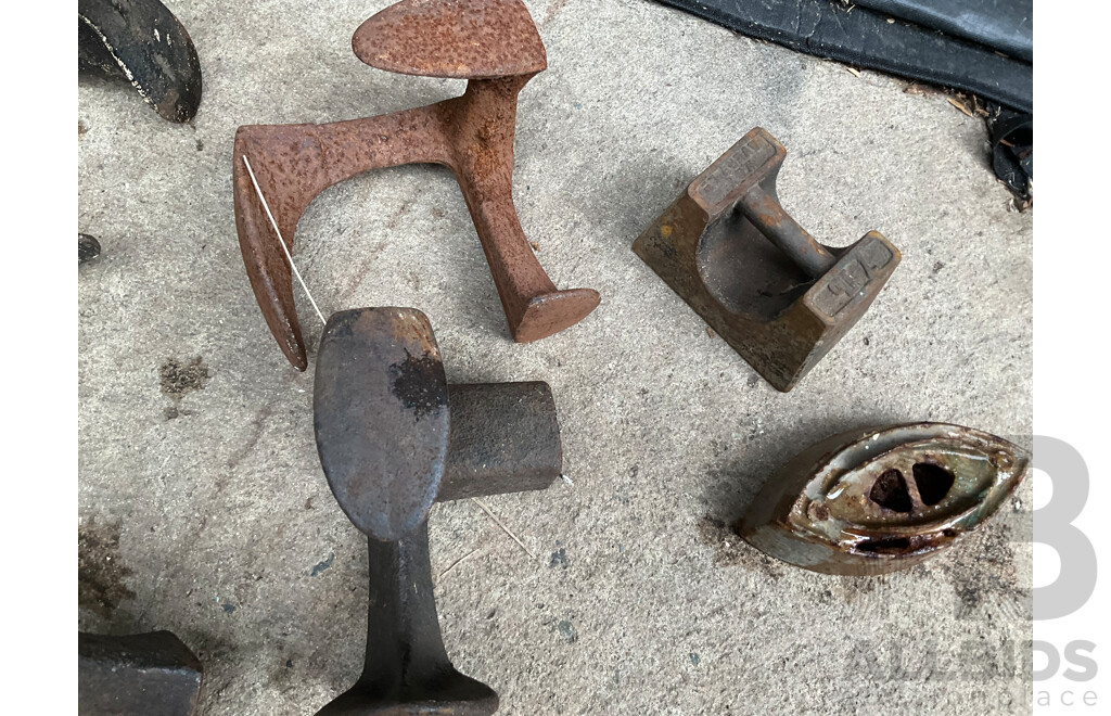 Collection of Antique Shoe Cobbler Anvils, Iron Sads and Hanging Scale Weight