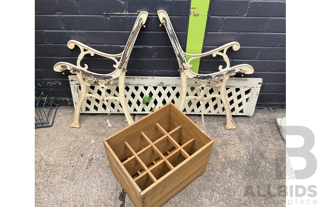 Cast Iron Garden Bench Ends, Lattice and Vintage Timber Bottle Box