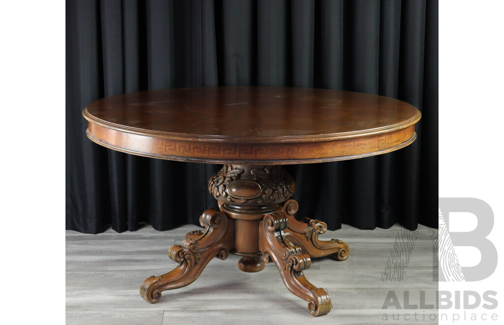 Round Cross Veneered Dining Table with Heavily Carved Base and Burl Centre