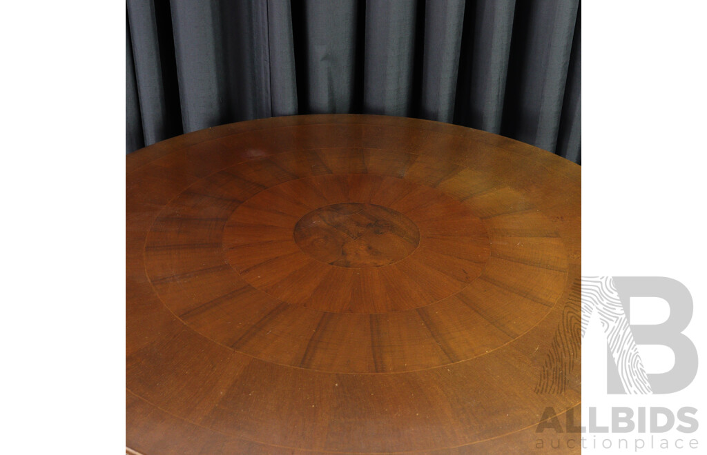 Round Cross Veneered Dining Table with Heavily Carved Base and Burl Centre