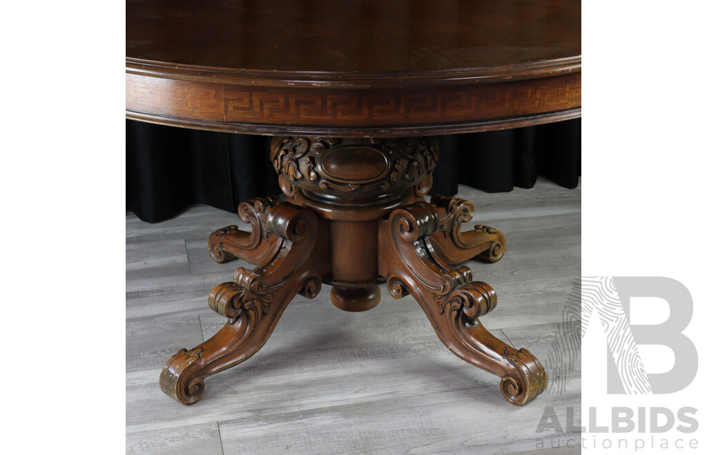 Round Cross Veneered Dining Table with Heavily Carved Base and Burl Centre