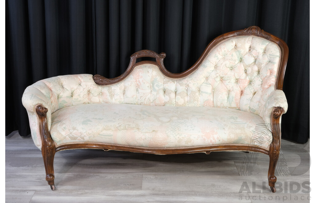 Vintage Chaise Lounge with Button Back Upholstery, Carved Scroll Arms and Ceramic Castors