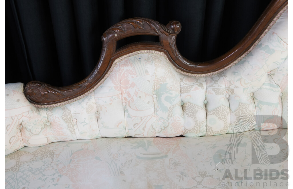 Vintage Chaise Lounge with Button Back Upholstery, Carved Scroll Arms and Ceramic Castors