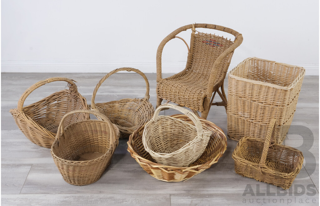 Collection of Vintage Wicker Fruit, Picnic and Clothes Baskets with Children's Round Wicker/Woven Chair