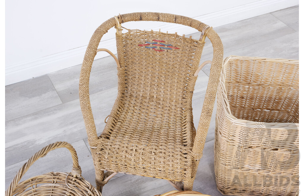 Collection of Vintage Wicker Fruit, Picnic and Clothes Baskets with Children's Round Wicker/Woven Chair