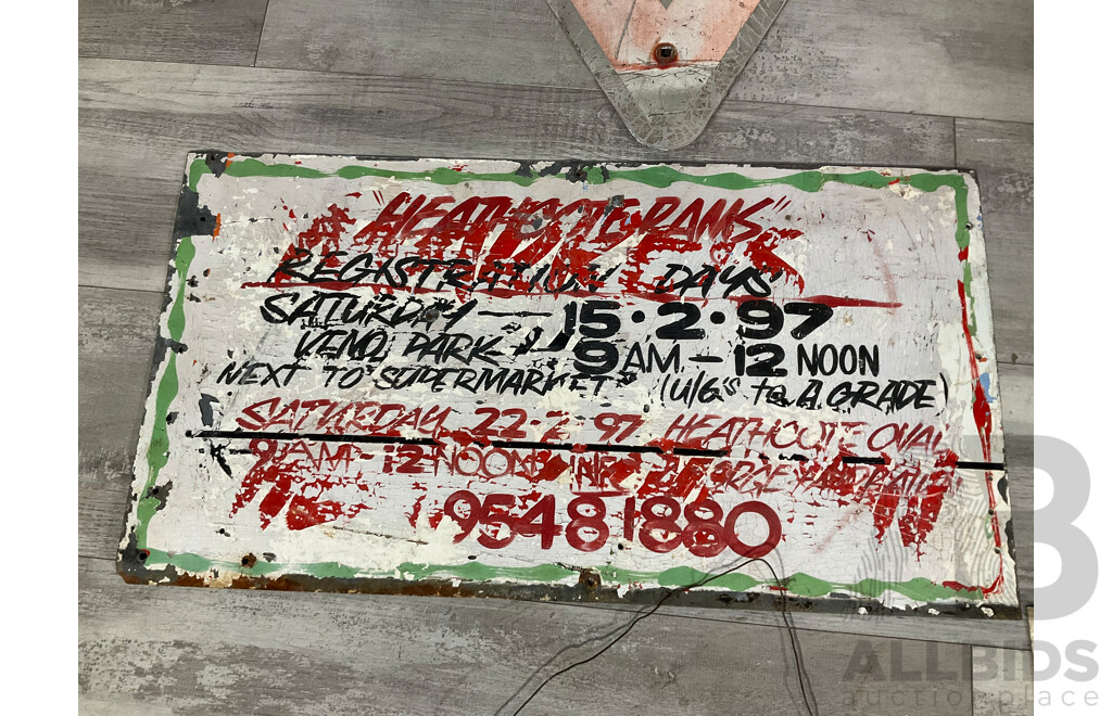 Collection of Vintage Steel Signs Including Heathcote Rams Registration, S.W.L, Giveway, Two Hour Parking and Wire Pig Hanger