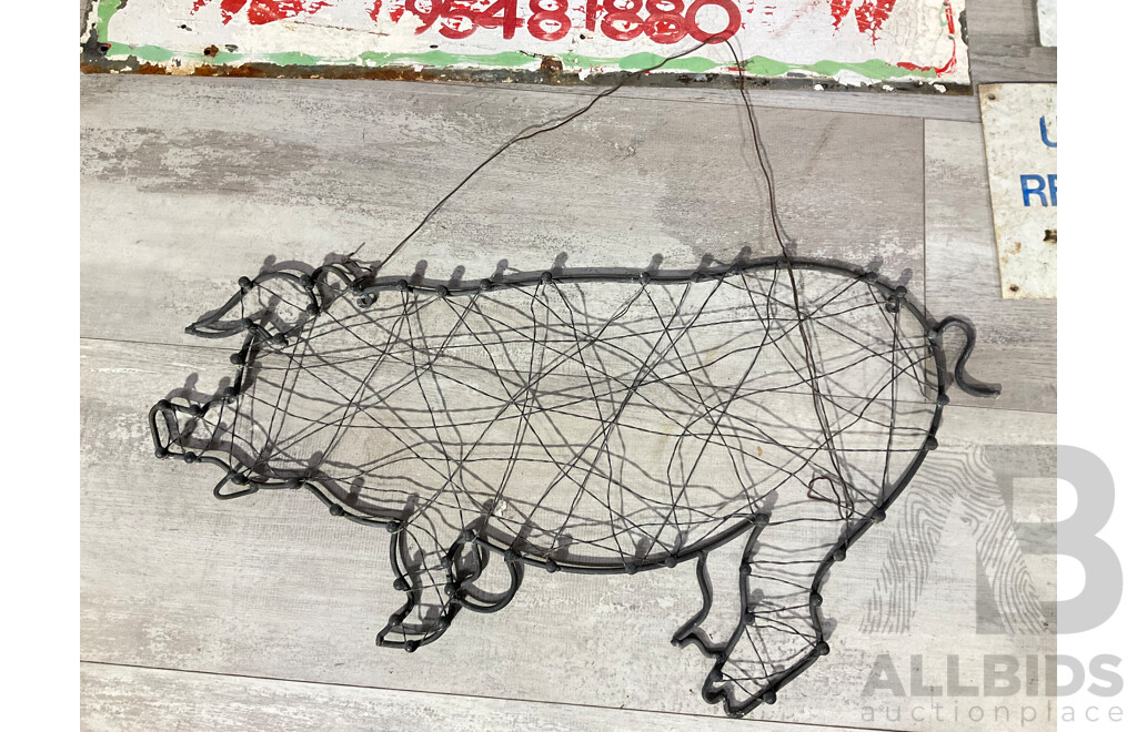 Collection of Vintage Steel Signs Including Heathcote Rams Registration, S.W.L, Giveway, Two Hour Parking and Wire Pig Hanger