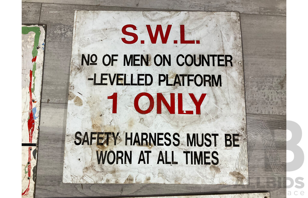 Collection of Vintage Steel Signs Including Heathcote Rams Registration, S.W.L, Giveway, Two Hour Parking and Wire Pig Hanger