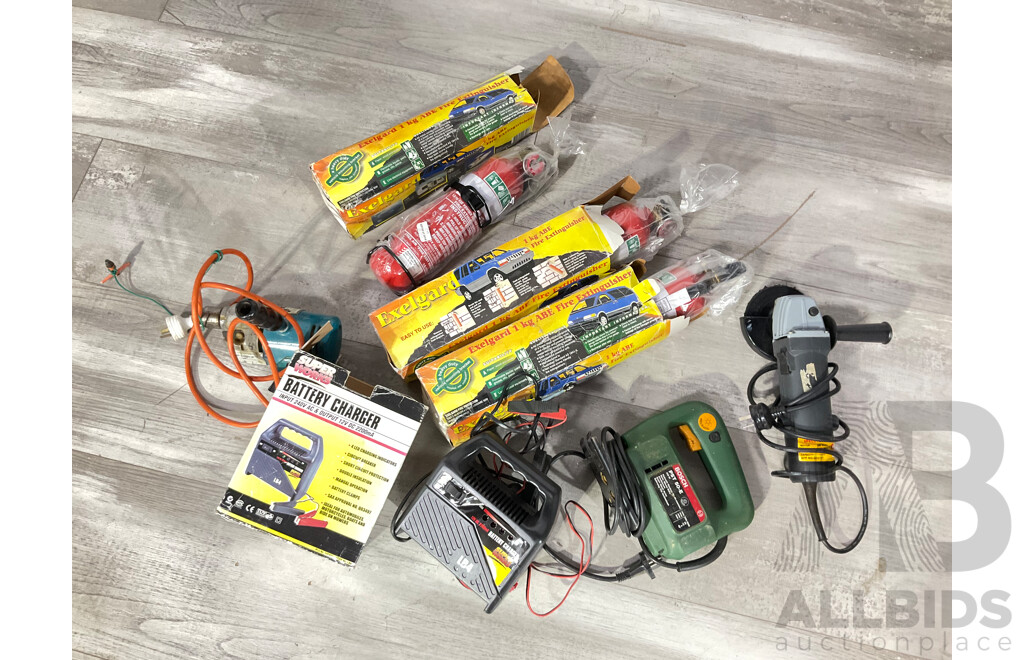Collection of Power Tools Including Bosch Jigsaw PST 50E, Black and Decker Power Drill, Angle Grinder, Superworks Battery Charger and Three Boxed Wall Mount Fire Extinguishers