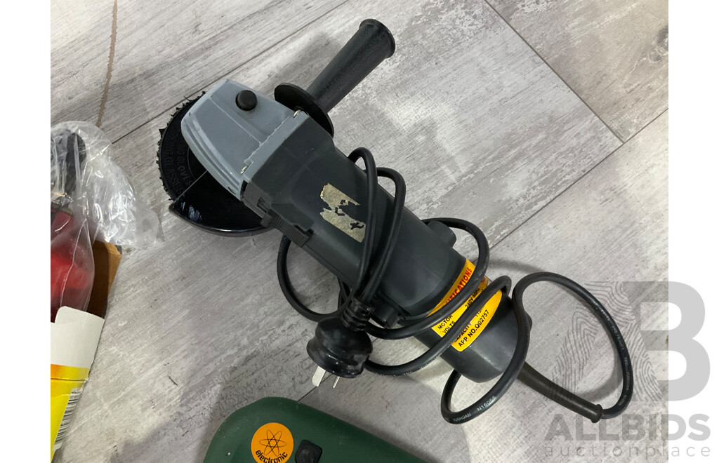 Collection of Power Tools Including Bosch Jigsaw PST 50E, Black and Decker Power Drill, Angle Grinder, Superworks Battery Charger and Three Boxed Wall Mount Fire Extinguishers