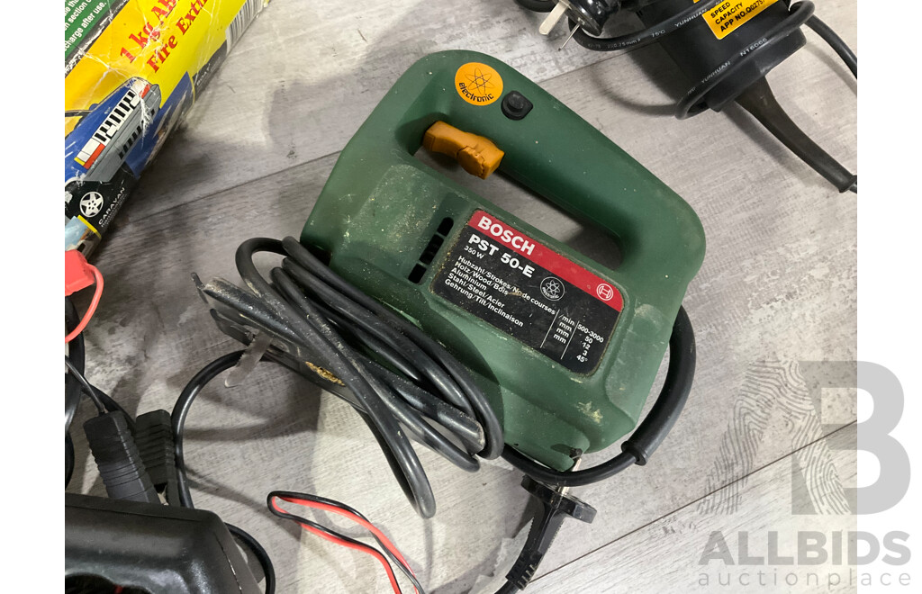 Collection of Power Tools Including Bosch Jigsaw PST 50E, Black and Decker Power Drill, Angle Grinder, Superworks Battery Charger and Three Boxed Wall Mount Fire Extinguishers