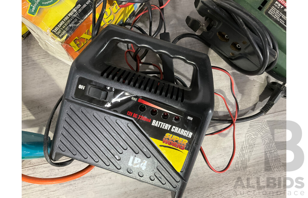 Collection of Power Tools Including Bosch Jigsaw PST 50E, Black and Decker Power Drill, Angle Grinder, Superworks Battery Charger and Three Boxed Wall Mount Fire Extinguishers