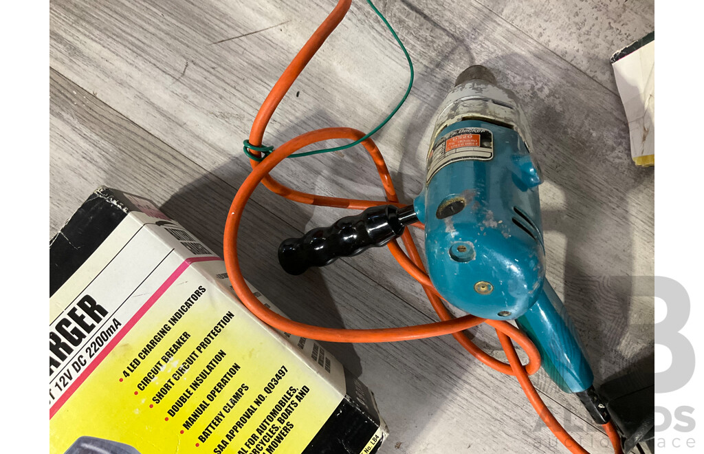 Collection of Power Tools Including Bosch Jigsaw PST 50E, Black and Decker Power Drill, Angle Grinder, Superworks Battery Charger and Three Boxed Wall Mount Fire Extinguishers