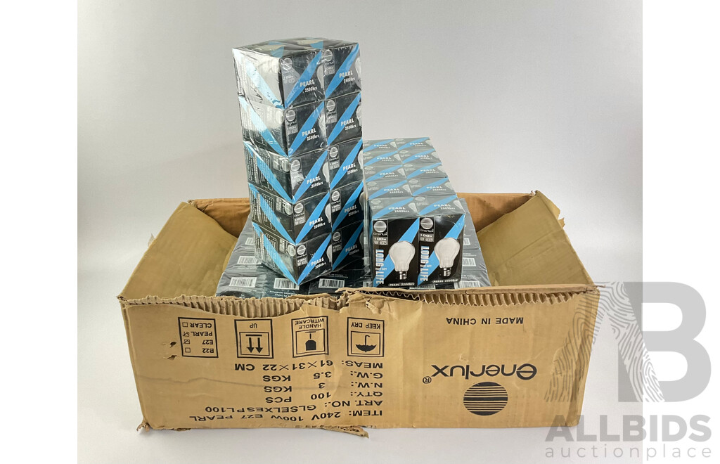 Bulk Lot of Enerlux 100 Watt Light Bulbs, Pearl 2500 Hours - 100 Units