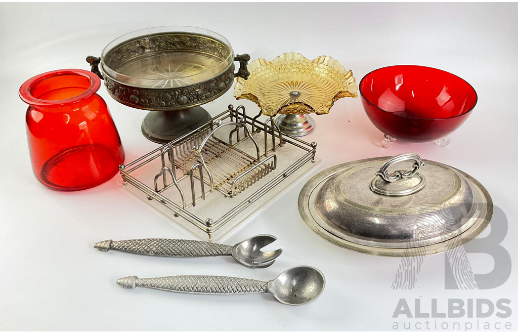 Vintage  Red Bohemia Vcelnicka Glass Bowl, Raised Art Deco Cake Plate, Flavelle Australia Silver Plate Serving Dish, Ornate Alloy Salad Utensils, Glass and Wire Napkin Tray