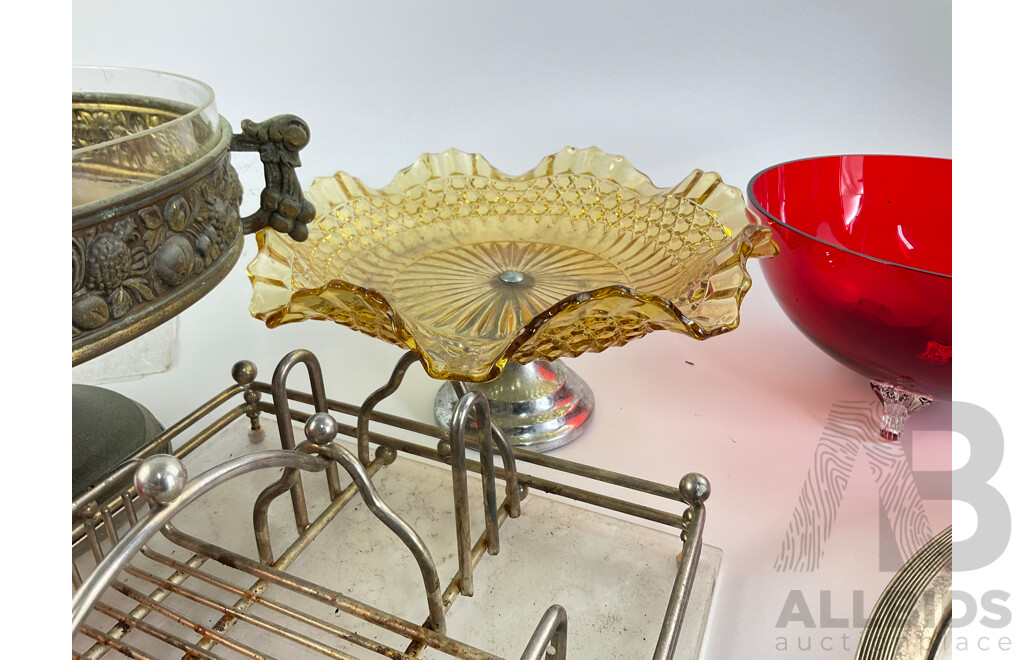 Vintage  Red Bohemia Vcelnicka Glass Bowl, Raised Art Deco Cake Plate, Flavelle Australia Silver Plate Serving Dish, Ornate Alloy Salad Utensils, Glass and Wire Napkin Tray