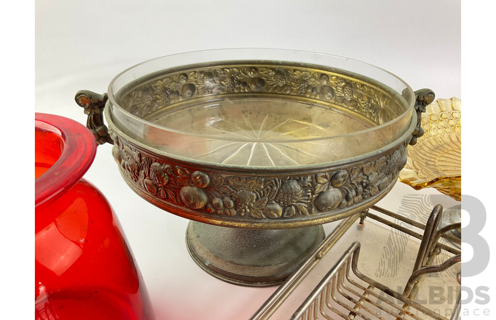 Vintage  Red Bohemia Vcelnicka Glass Bowl, Raised Art Deco Cake Plate, Flavelle Australia Silver Plate Serving Dish, Ornate Alloy Salad Utensils, Glass and Wire Napkin Tray