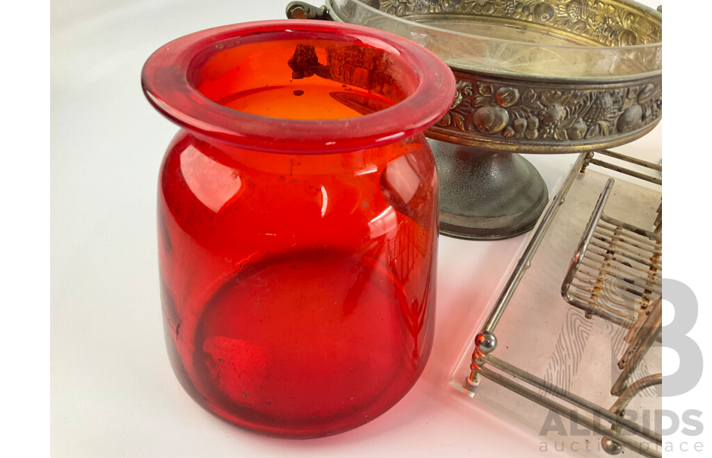 Vintage  Red Bohemia Vcelnicka Glass Bowl, Raised Art Deco Cake Plate, Flavelle Australia Silver Plate Serving Dish, Ornate Alloy Salad Utensils, Glass and Wire Napkin Tray
