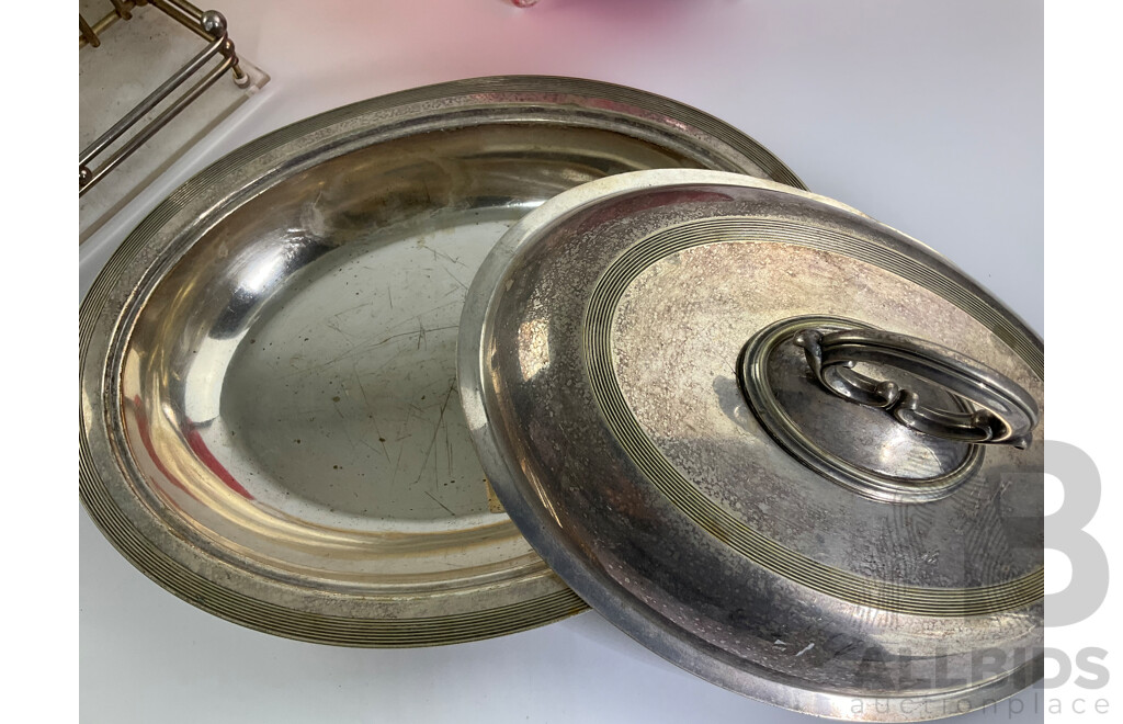 Vintage  Red Bohemia Vcelnicka Glass Bowl, Raised Art Deco Cake Plate, Flavelle Australia Silver Plate Serving Dish, Ornate Alloy Salad Utensils, Glass and Wire Napkin Tray