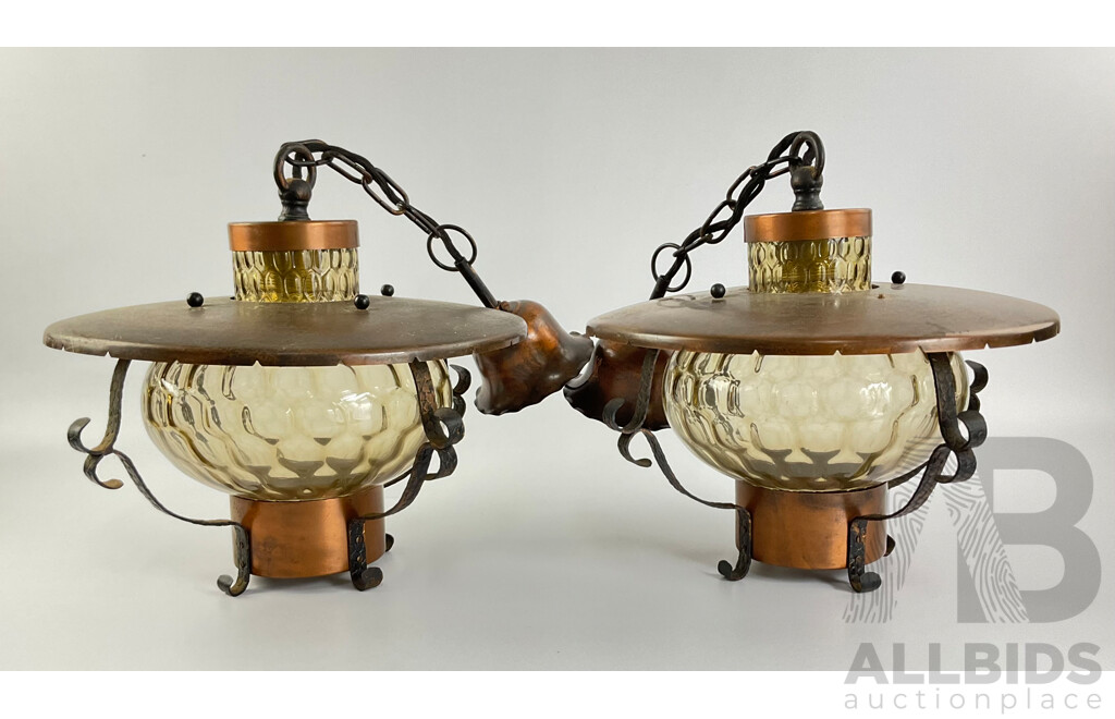 Two Retro Glass and Copper Tone Hanging Lights