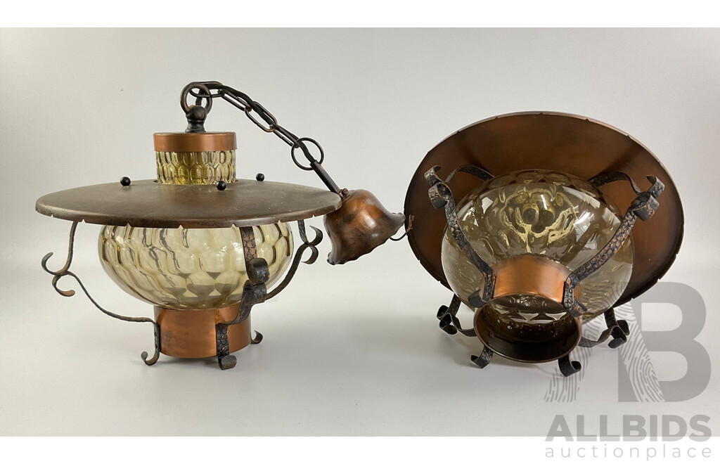 Two Retro Glass and Copper Tone Hanging Lights