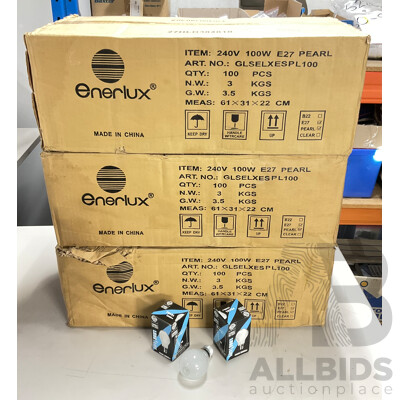 Bulk Lot of Enerlux 100 Watt Heavy Duty Light Bulbs, Pearl 2500 Hours - 300 Units