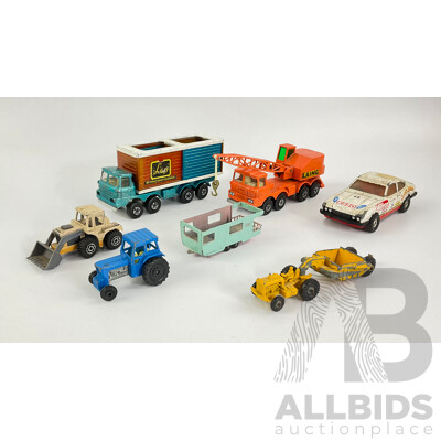 Vintage Matchbox Super Kings Scammell Mobile Crane and Freight Liner, Caterpillar DW20, Ford Tracktor, Trailer Caravan and Corgi Ford Capri 3.0