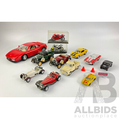 Colection of Diecast Vehicles Including Burago Ferrari 348, 1:18 Scale, YamahaYZR-M1 and YZR 250, 1953 Ford Pick Up and More