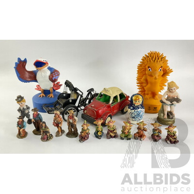 Collection of Display Figures Including Musical Clowns, Native Americans, Russian Babushka, Ceramic Taxi, Sydney 2000 Olympics Mascots