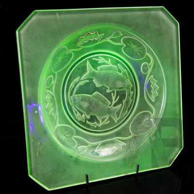 Vintage Uranium Glass Hexagonal Form Dish with Impressed Piscatorial Scene