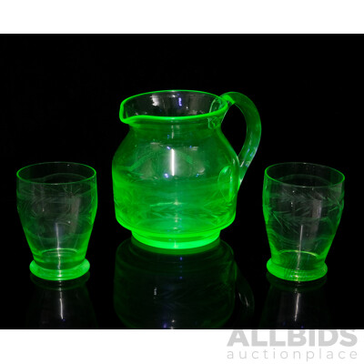 Vintage Uranium Engraved Glass Pitcher and Glasses