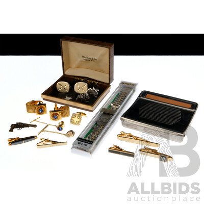 Collection of Vintage Cuff Links, Tie Bars/pins, Tobacco Roller Case & Guess Watch Band