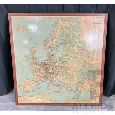 Vintage Framed Lufthansa Map of European Aircraft Routes, Printed in Germany