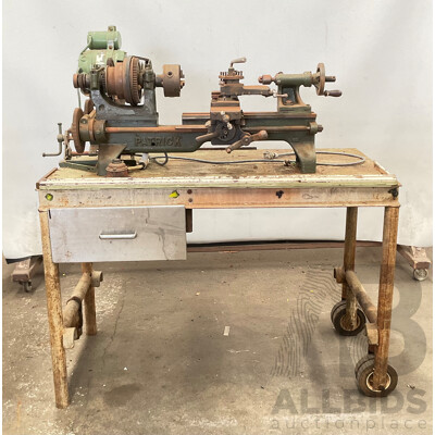 Antique Patrick Steel Lathe on Steel Bench with Various Cutting Tools, Chucks Drill Bits and Micrometer