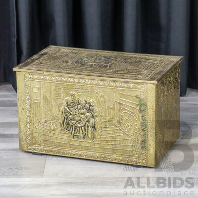 Vintage Ornate Brass Coal Box with Embossed Family Gathering Motif