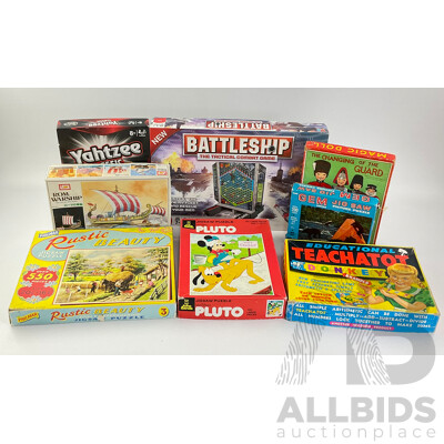 Collection of Vintage Board Games, Jigsaws and Model Including John Sands Pluto, Holdson Educational Teachatot, Yahtzee, Battleship, Roman Warship