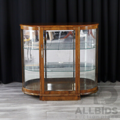 Vintage Bow Front Display Cabinet with Mirror Back and Beveled Glass