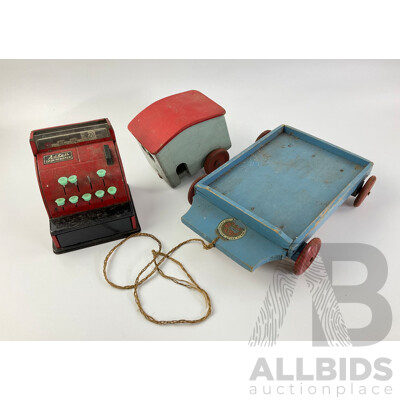 Vintage Pressed Steel Toy Cash Register, Olympic Kindergarten Union of NSW Pull Along Cart and Timber Trailer, Made in Australia