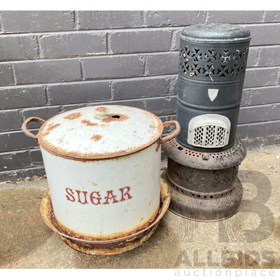 Vintage Valour Kerosene Heater and Large Steel Sugar Container