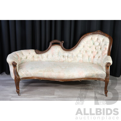 Vintage Chaise Lounge with Button Back Upholstery, Carved Scroll Arms and Ceramic Castors