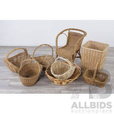 Collection of Vintage Wicker Fruit, Picnic and Clothes Baskets with Children's Round Wicker/Woven Chair