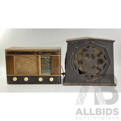 Vintage Phillips Shortwave/AM Valve Radio with Walnut Veneer and Antique Art Deco Amplion Mantle Cone Speaker