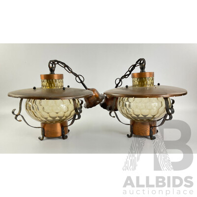 Two Retro Glass and Copper Tone Hanging Lights